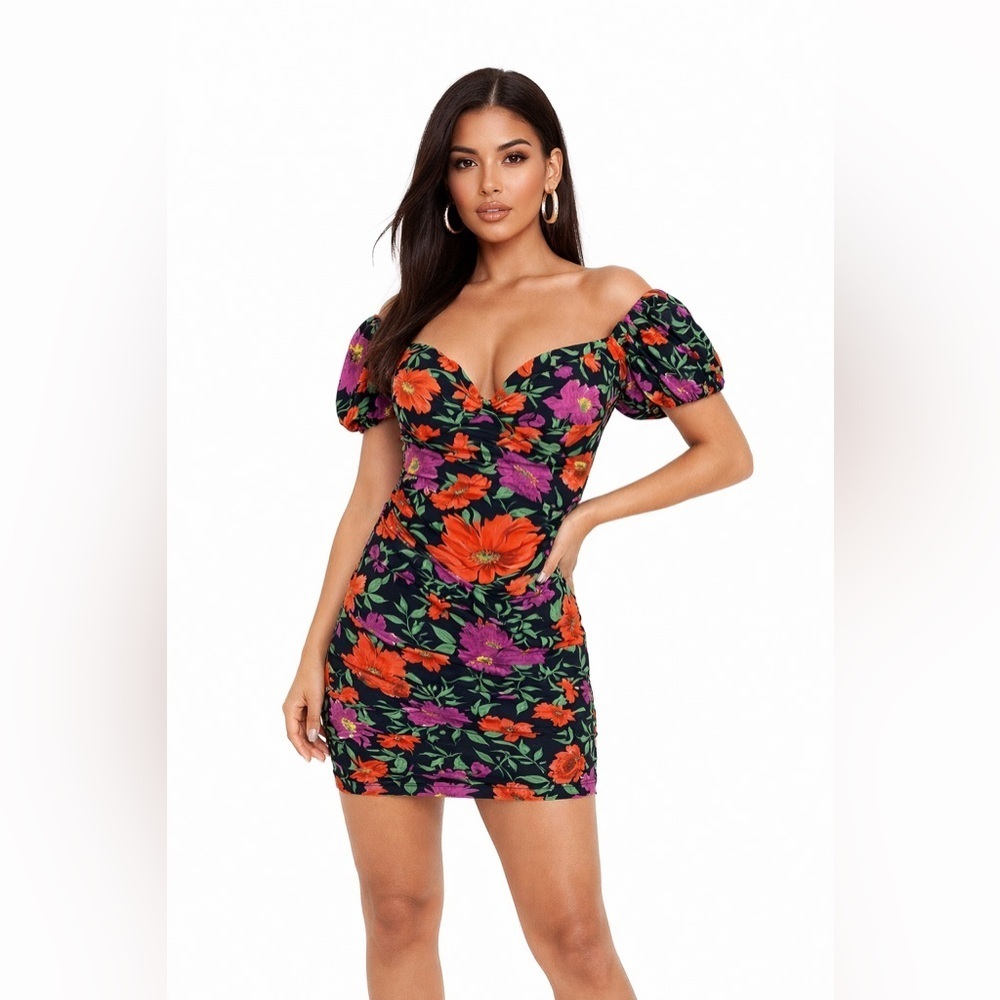 Zara Off The Shoulder Puff Sleeve Mini Dress - Black Floral - Medium - NWT